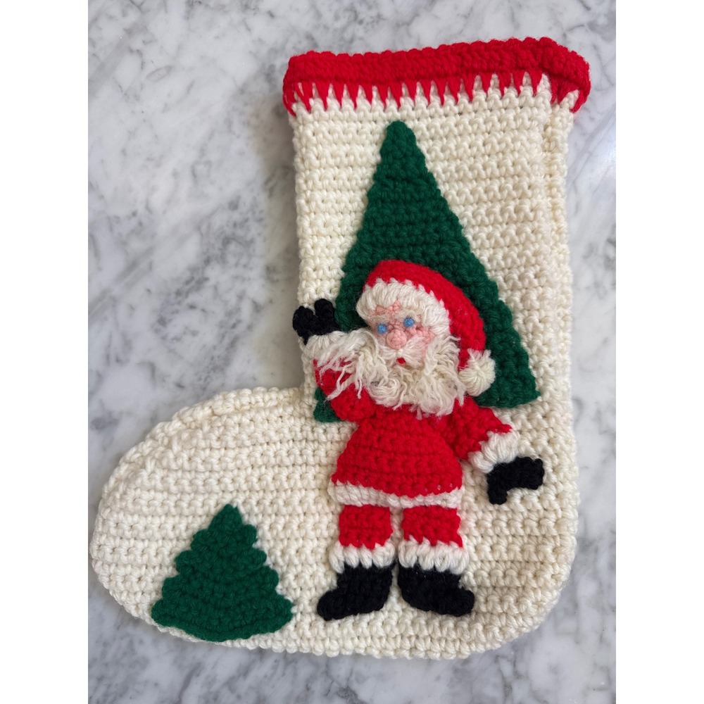Vintage Handmade Crochet Christmas Stocking Santa Claus 3D Applique Cream Red
